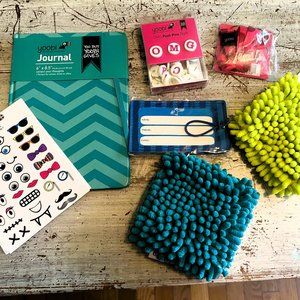 Yoobi palooza! stickers, journal, luggage tag, push pins, lanyard, zip pouches